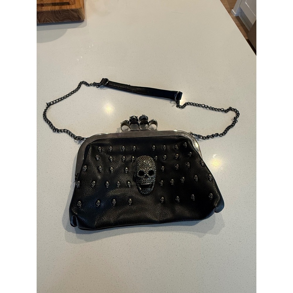 Black Skull Studded Knuckle Duster Clutch Crossbody Bag Gothic Rhinestone Skull